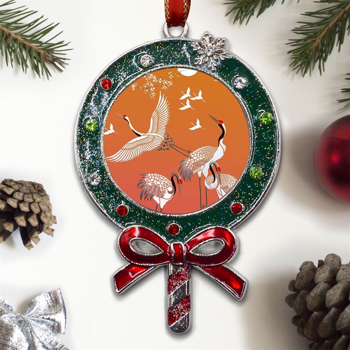 Japanese Crane Painting Of Birds Metal X Mas Lollipop with Crystal Ornament