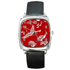 Japanese Crane Bird Art Square Metal Watch by Cendanart