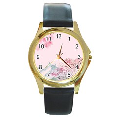 Pink Chinese Style Cherry Blossom Round Gold Metal Watch by Cendanart