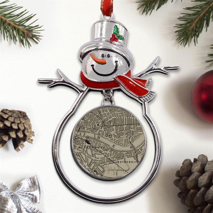 Vintage London Map Metal Snowman Ornament