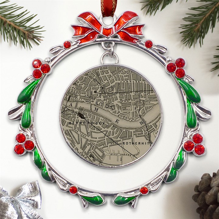 Vintage London Map Metal X mas Wreath Ribbon Ornament