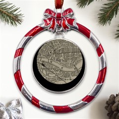 Vintage London Map Metal Red Ribbon Round Ornament