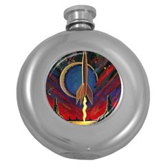 Rocket Painting Round Hip Flask (5 Oz) by Cendanart