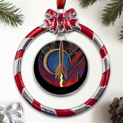 Rocket Painting Metal Red Ribbon Round Ornament by Cendanart