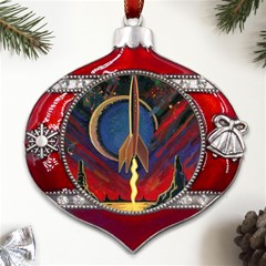 Rocket Painting Metal Snowflake And Bell Red Ornament by Cendanart