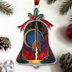 Rocket Painting Metal Holly Leaf Bell Ornament by Cendanart