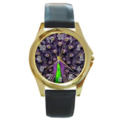 Peacock Bird Color Round Gold Metal Watch by Cendanart