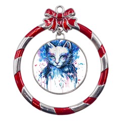 Cat Metal Red Ribbon Round Ornament by saad11