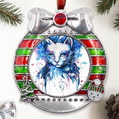 Cat Metal X mas Ribbon With Red Crystal Round Ornament