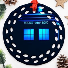 Blue Tardis Doctor Who Police Call Box Ornament (round Filigree) by Cendanart