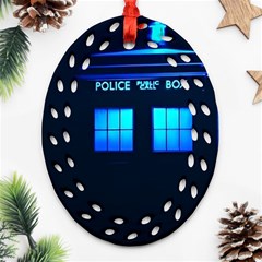 Blue Tardis Doctor Who Police Call Box Oval Filigree Ornament (two Sides) by Cendanart