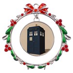 Tardis Doctor Who Minimal Minimalism Metal X mas Wreath Ribbon Ornament Front