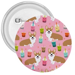 Corgi Bubble Boba Tea Pink Pattern 3  Buttons