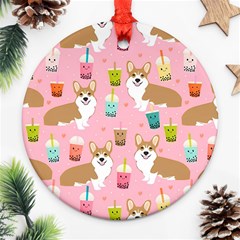 Corgi Bubble Boba Tea Pink Pattern Ornament (Round)