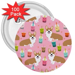 Corgi Bubble Boba Tea Pink Pattern 3  Buttons (100 pack) 