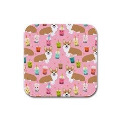 Corgi Bubble Boba Tea Pink Pattern Rubber Square Coaster (4 pack)