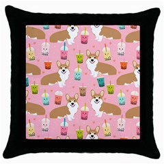 Corgi Bubble Boba Tea Pink Pattern Throw Pillow Case (Black)