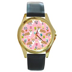 Corgi Bubble Boba Tea Pink Pattern Round Gold Metal Watch by Cendanart