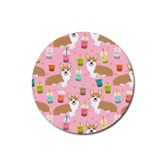 Corgi Bubble Boba Tea Pink Pattern Rubber Round Coaster (4 pack)