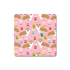 Corgi Bubble Boba Tea Pink Pattern Square Magnet