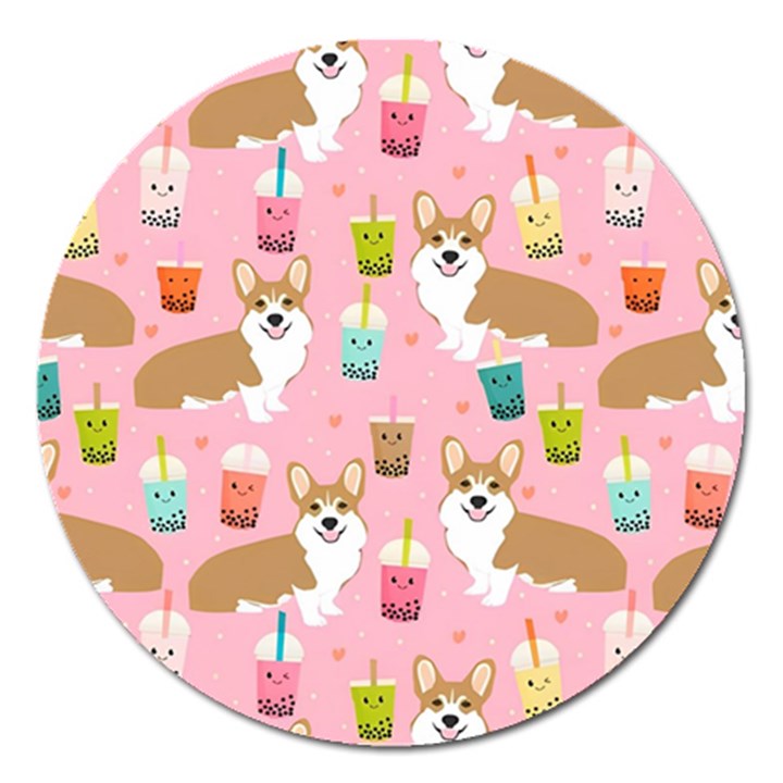 Corgi Bubble Boba Tea Pink Pattern Magnet 5  (Round)