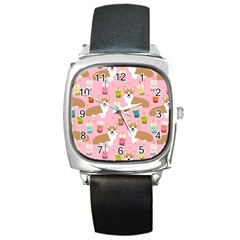 Corgi Bubble Boba Tea Pink Pattern Square Metal Watch