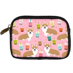 Corgi Bubble Boba Tea Pink Pattern Digital Camera Leather Case by Cendanart