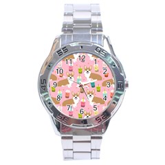 Corgi Bubble Boba Tea Pink Pattern Stainless Steel Analogue Watch