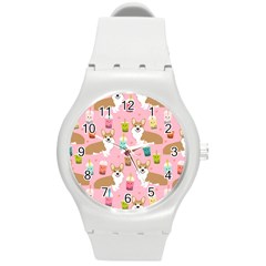 Corgi Bubble Boba Tea Pink Pattern Round Plastic Sport Watch (m) by Cendanart