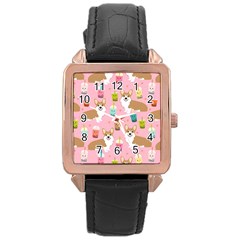 Corgi Bubble Boba Tea Pink Pattern Rose Gold Leather Watch 