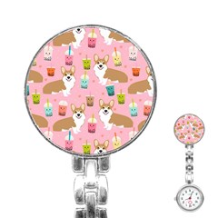 Corgi Bubble Boba Tea Pink Pattern Stainless Steel Nurses Watch