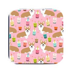 Corgi Bubble Boba Tea Pink Pattern Square Metal Box (black)