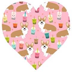 Corgi Bubble Boba Tea Pink Pattern Wooden Puzzle Heart