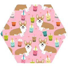 Corgi Bubble Boba Tea Pink Pattern Wooden Puzzle Hexagon