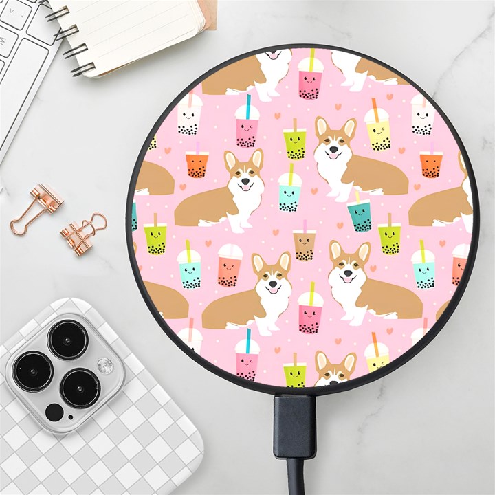 Corgi Bubble Boba Tea Pink Pattern Wireless Fast Charger(Black)