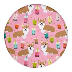 Corgi Bubble Boba Tea Pink Pattern Round Glass Fridge Magnet (4 Pack)