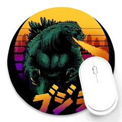 Godzilla Retrowave Round Mousepad by Cendanart