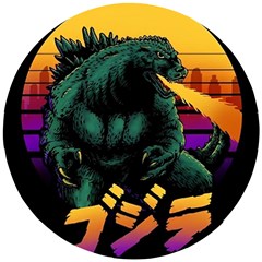 Godzilla Retrowave Wooden Puzzle Round by Cendanart