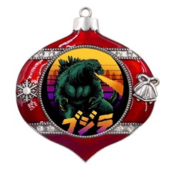 Godzilla Retrowave Metal Snowflake And Bell Red Ornament by Cendanart