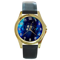 Tardis Doctor Who Space Galaxy Round Gold Metal Watch by Cendanart