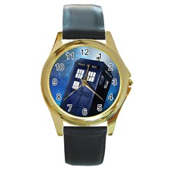 Tardis Doctor Who Space Blue Round Gold Metal Watch by Cendanart