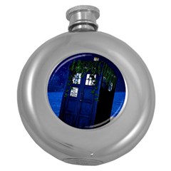 Stuck Tardis Beach Doctor Who Police Box Sci-fi Round Hip Flask (5 Oz) by Cendanart