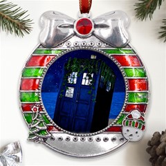 Stuck Tardis Beach Doctor Who Police Box Sci-fi Metal X mas Ribbon With Red Crystal Round Ornament by Cendanart