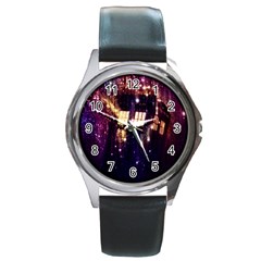 Tardis Regeneration Art Doctor Who Paint Purple Sci Fi Space Star Time Machine Round Metal Watch by Cendanart