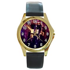 Tardis Regeneration Art Doctor Who Paint Purple Sci Fi Space Star Time Machine Round Gold Metal Watch by Cendanart