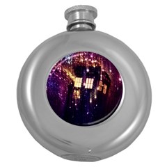 Tardis Regeneration Art Doctor Who Paint Purple Sci Fi Space Star Time Machine Round Hip Flask (5 Oz) by Cendanart