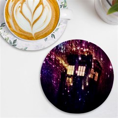 Tardis Regeneration Art Doctor Who Paint Purple Sci Fi Space Star Time Machine Uv Print Round Tile Coaster by Cendanart