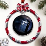 Tardis Doctor Who Planet Metal Red Ribbon Round Ornament Front