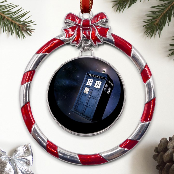 Tardis Doctor Who Planet Metal Red Ribbon Round Ornament