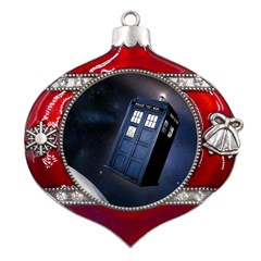 Tardis Doctor Who Planet Metal Snowflake And Bell Red Ornament by Cendanart